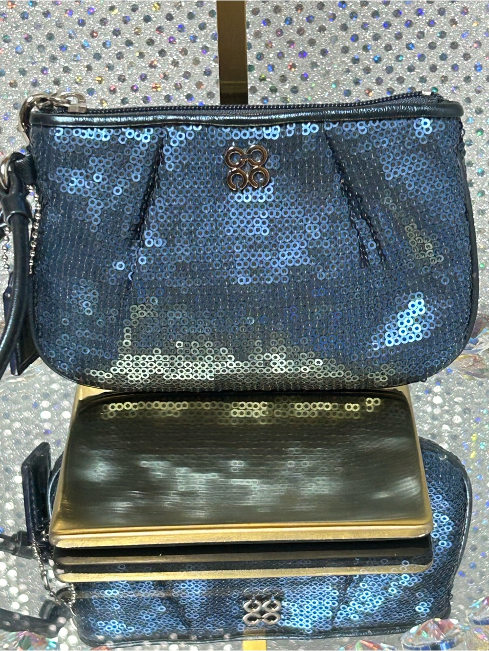 Coach Sequined Blue Wristlet Clutch Approx. 6.5 x 4
